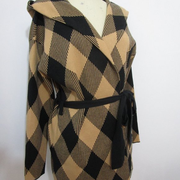 NWT Hooded Wrap Cardigan Sweater Diamond Plaid Check Camel Black - Picture 11 of 11
